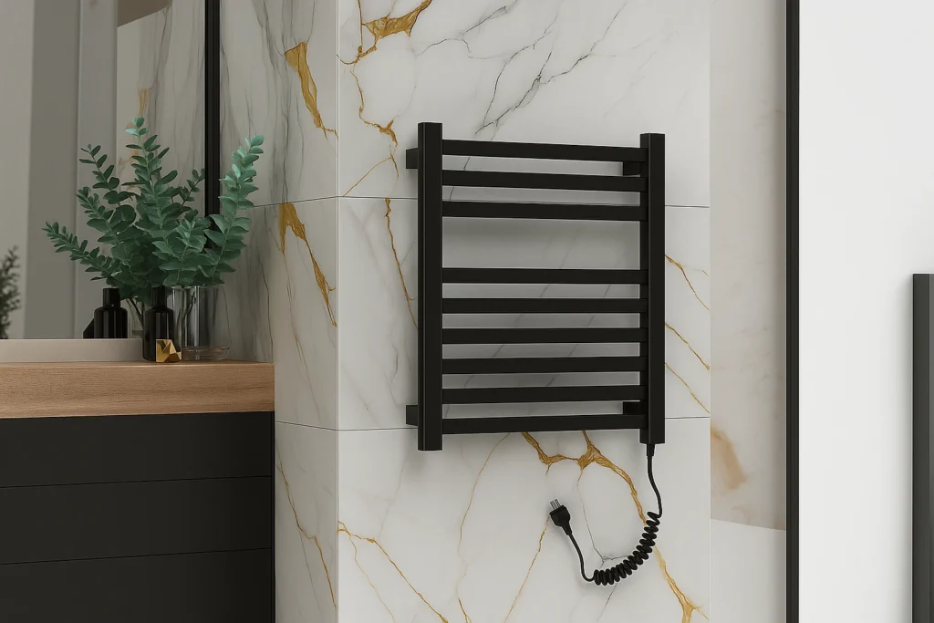 Toalheiro térmico preto Deca instalado em banheiro moderno, com parede marmorizada em veios dourados e bancada de madeira elegante.