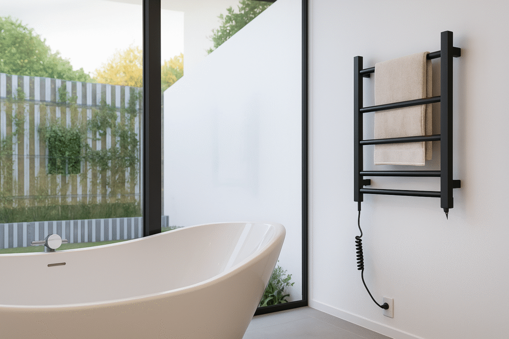 Toalheiro térmico Seccare Piazza 220V preto em banheiro sofisticado, instalado na parede ao lado de uma banheira minimalista com vista para jardim externo.