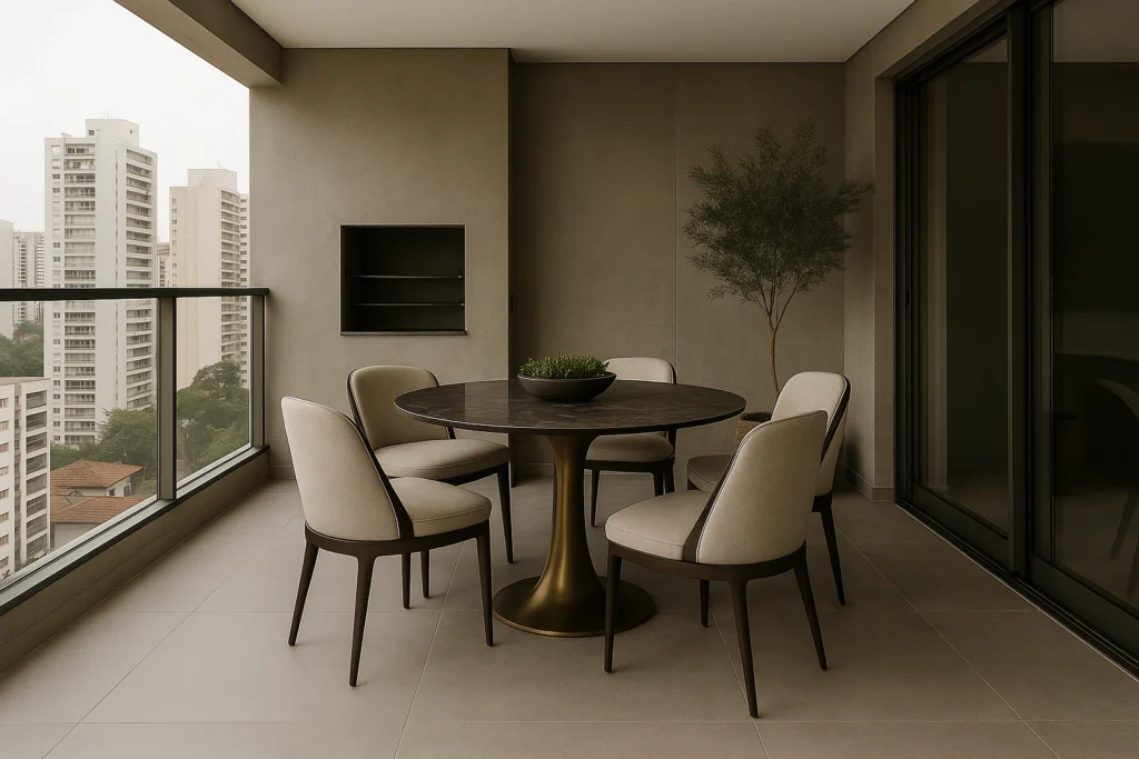 Porcelanato em Apartamento Pequeno: Inspire-se com Ideias Modernas e Práticas 3 Varanda gourmet com Porcelanato cimento queimado em Apartamento Pequeno e moderno , mesa sofisticada com cadeiras elegantes, churrasqueira embutida e vista para a cidade.