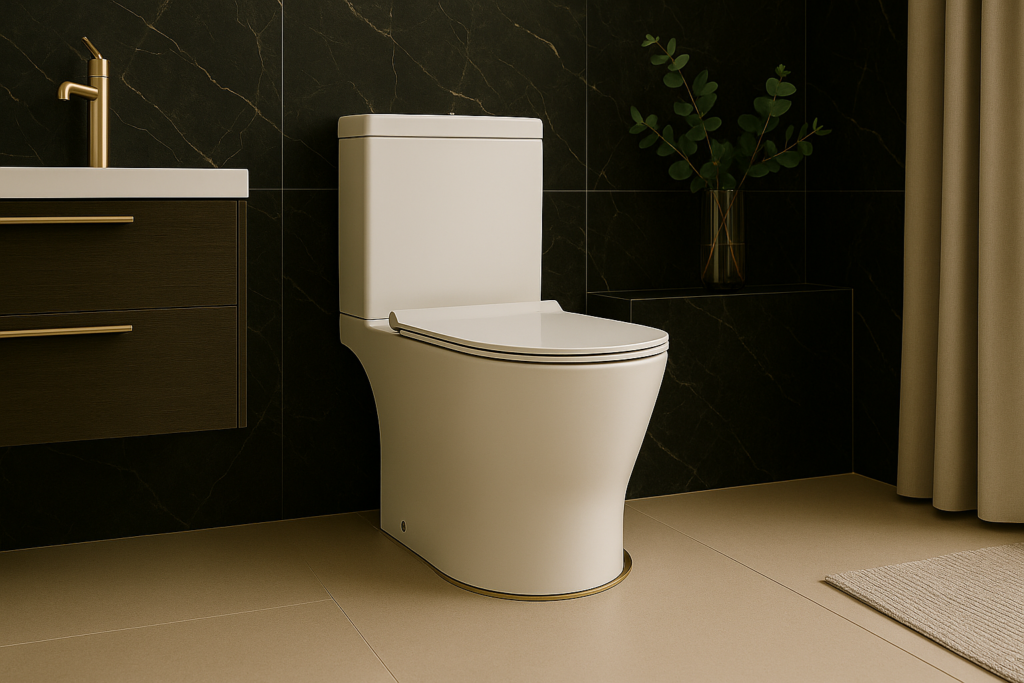 Vaso sanitário branco com caixa acoplada em banheiro moderno, com paredes de mármore preto, armário suspenso em madeira escura, metais dourados e decoração elegante com vaso de plantas.