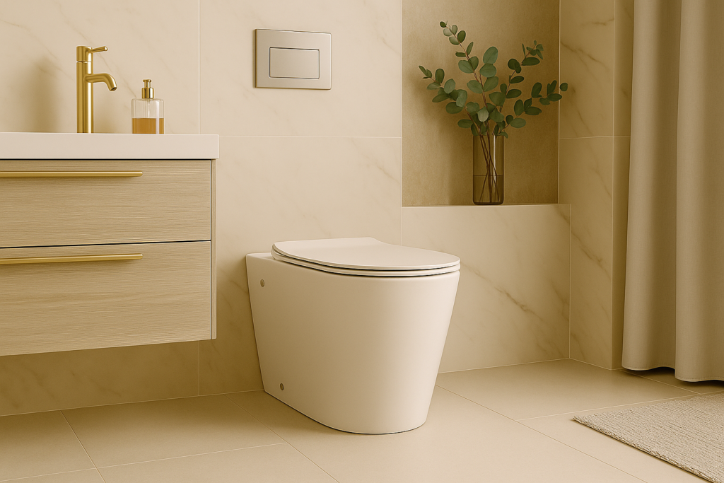 Vaso sanitário convencional branco instalado em banheiro moderno com revestimento marmorizado bege, armário suspenso de madeira clara, metais dourados e nicho decorativo com vaso de plantas.