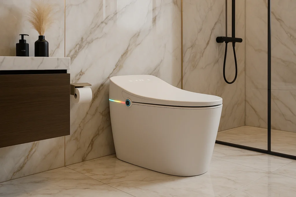 Vaso Sanitário Inteligente Dax Volga Branco em ambiente moderno, com paredes marmorizadas polidas e detalhes de luxo.
