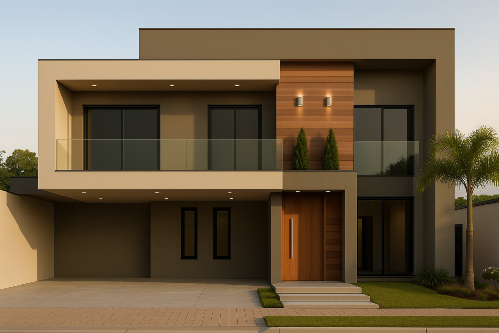 Fachada com porcelanato amadeirado: 6 ideias para renovar o visual da casa 3 Fachada moderna de casa com painel vertical em porcelanato amadeirado, vidro e linhas retas, destacando um estilo sofisticado e contemporâneo.