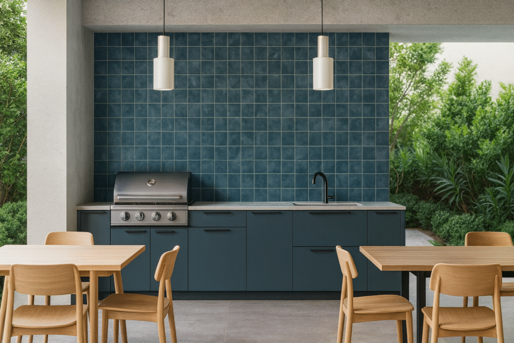Marrakesh Decortiles: Descubra o revestimento que é tendência na decoração 5 Área gourmet sofisticada com revestimento Blue Marrakesh Decortiles 15x15, paredes em azul brilhante, mesas elegantes e decoração minimalista com integração ao espaço externo.