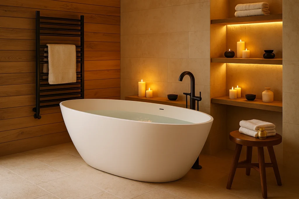 Banheira Sabbia: Conheça Modelos, Instalação e Inspirações 10 Banheira Sabbia Angra em ambiente spa com madeira, pedra, luz quente e toalheiro térmico black matte.
