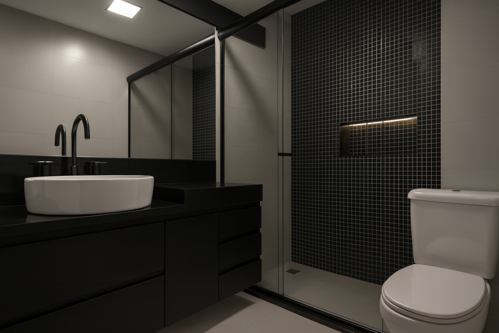 Banheiro com Pastilha Preta: Ideias, Combinações e Produtos para acertar no projeto 2 Banheiro com pastilha preta no box, nicho iluminado em LED, bancada preta com cuba branca e metais contemporâneos em composição preto e branco.