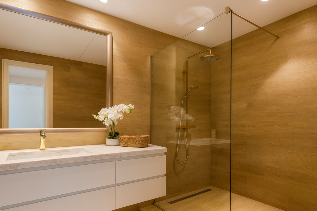 Banheiro contemporâneo com porcelanato amadeirado revestindo parede e piso, bancada branca em pedra clara, torneira dourada, espelho amplo, iluminação quente e box de vidro com ducha.