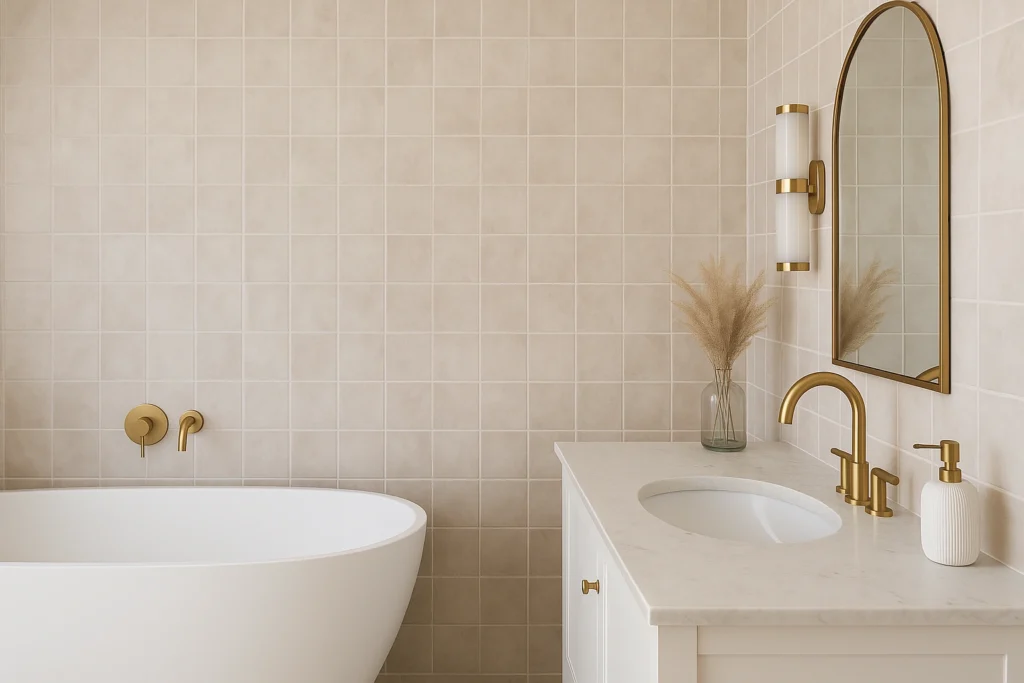 Marrakesh Decortiles: Descubra o revestimento que é tendência na decoração 4 Banheiro moderno com revestimento Marrakesh Off White Decortiles 15x15, banheira branca de imersão, pia em mármore com metais dourados e decoração minimalista.