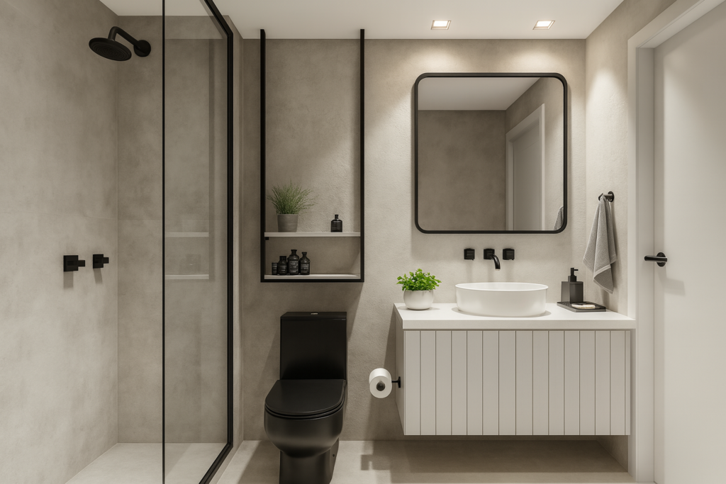 Banheiro minimalista com revestimento cimentício claro, box de vidro com ducha preta, vaso sanitário preto, bancada branca com cuba redonda e espelho preto, iluminação embutida e nicho metálico com prateleiras.
