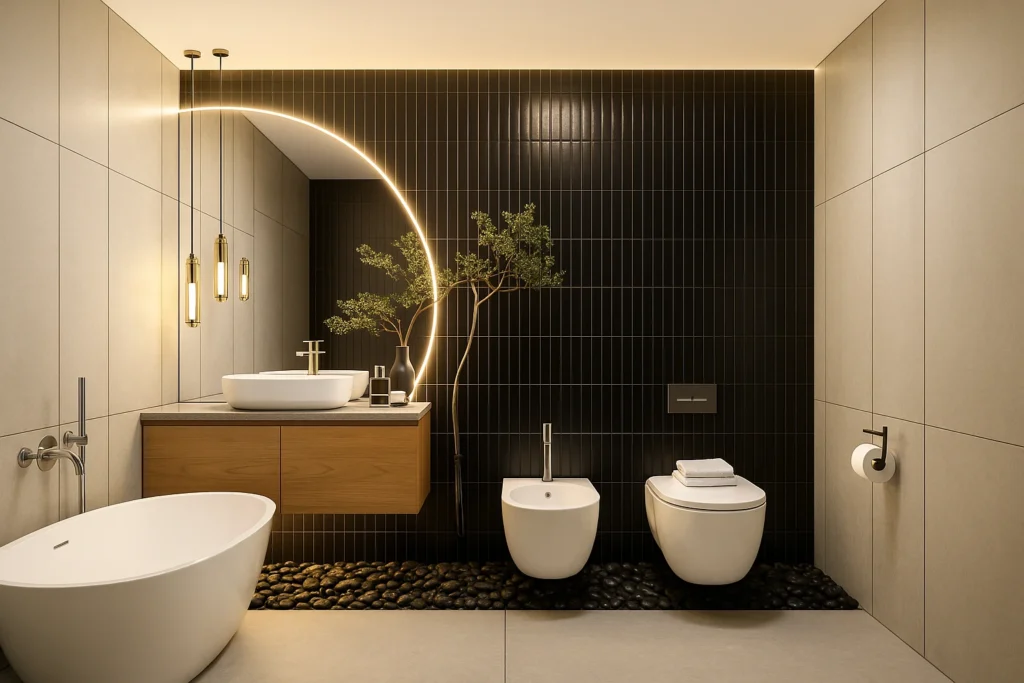 Banheiro com Pastilha Preta: Ideias, Combinações e Produtos para acertar no projeto 6 Banheiro contemporâneo iluminado, com parede de pastilhas pretas verticais, arco de luz LED, bancada flutuante em madeira com cuba de apoio, banheira de imersão branca, bidê e vaso suspensos, pedras negras no piso e metais cromados.