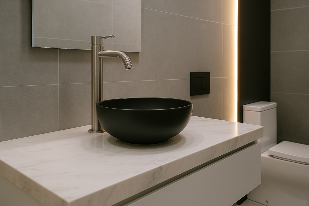 Banheiro moderno e elegante com foco na bancada de mármore branco e cuba preta de apoio centralizada. A torneira cromada está posicionada corretamente atrás da cuba, em um ambiente com iluminação em LED suave e revestimentos claros.