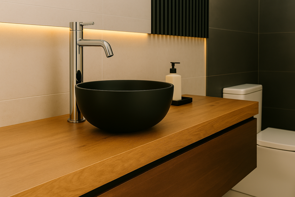 Banheiro moderno com bancada de madeira natural, cuba de apoio preta redonda e torneira cromada de bica alta, em um ambiente elegante com iluminação suave.