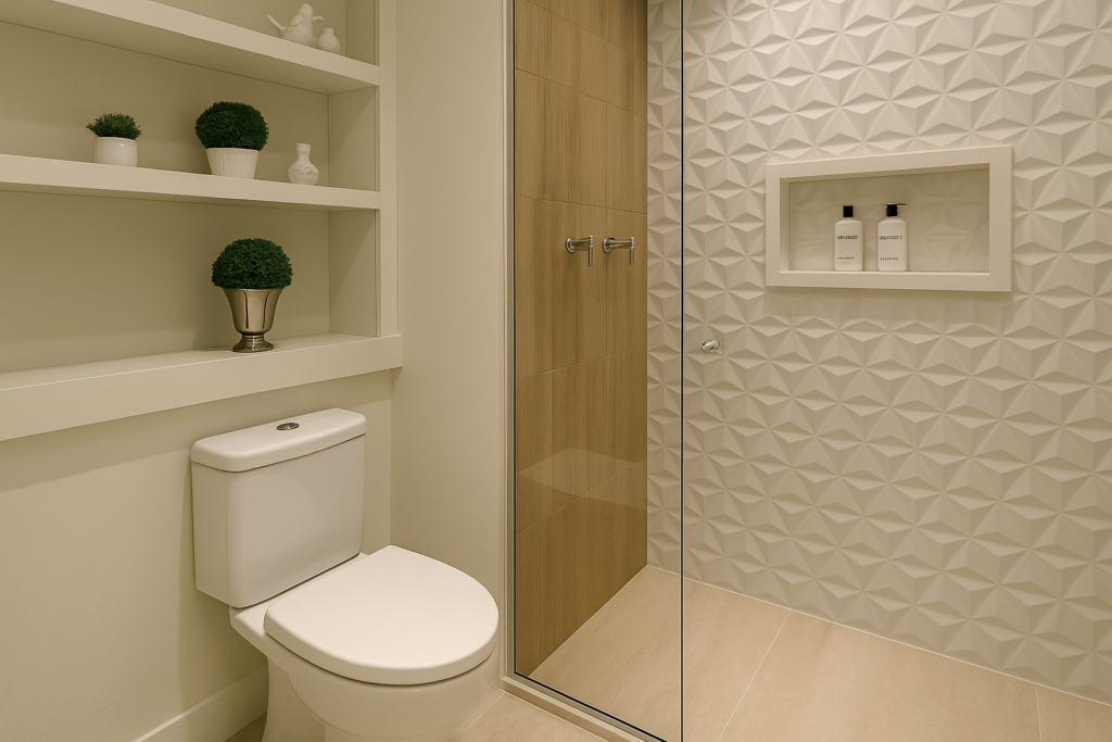 Banheiro com revestimento somente no box: 5 ideias cheias de estilo 2 Banheiro moderno e elegante com revestimento 3D branco no box, parede amadeirada, nicho embutido e decoração minimalista com vaso de planta em metal.