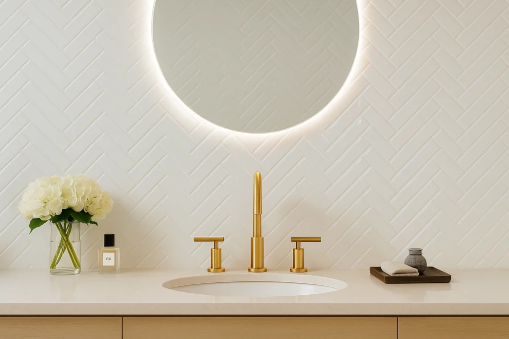 Color Mind Light BR 7x25: Elegância em Cada detalhe da sua Parede 3 Banheiro sofisticado com revestimento Tijolinho Branco Brilhante 7x25 Decortiles Color Mind Light Bold “A” cobrindo toda a parede, espelho redondo com LED, bancada em quartzo branco e torneira dourada moderna.