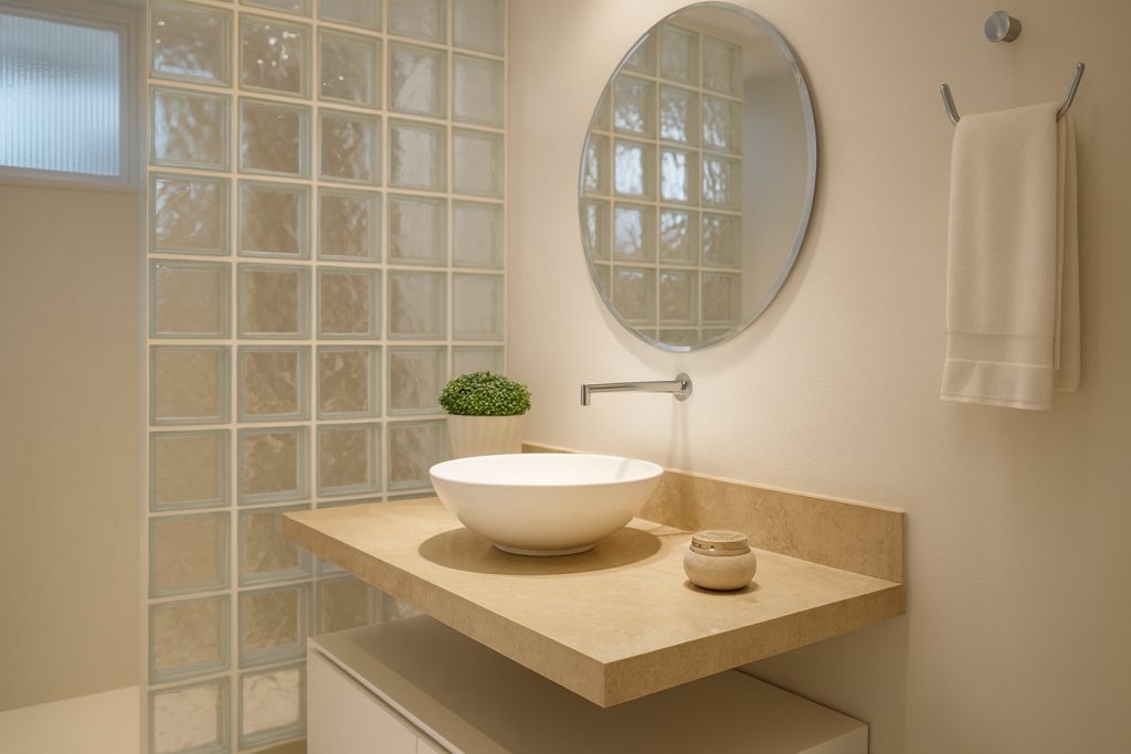 Banheiro com revestimento somente no box: 5 ideias cheias de estilo 1 Banheiro moderno e iluminado com parede de tijolo de vidro, bancada em mármore bege com cuba branca, espelho redondo e detalhes minimalistas.