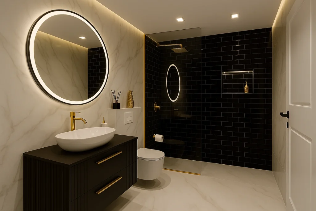 Banheiro com Pastilha Preta: Ideias, Combinações e Produtos para acertar no projeto 4 Banheiro moderno e elegante com parede do box revestida em pastilha preta tipo subway 10x20 (Eliane Metro Bold “A”), nicho iluminado, chuveiro com acabamento dourado, espelho redondo com LED sobre bancada preta, louça branca e piso marmorizado claro.