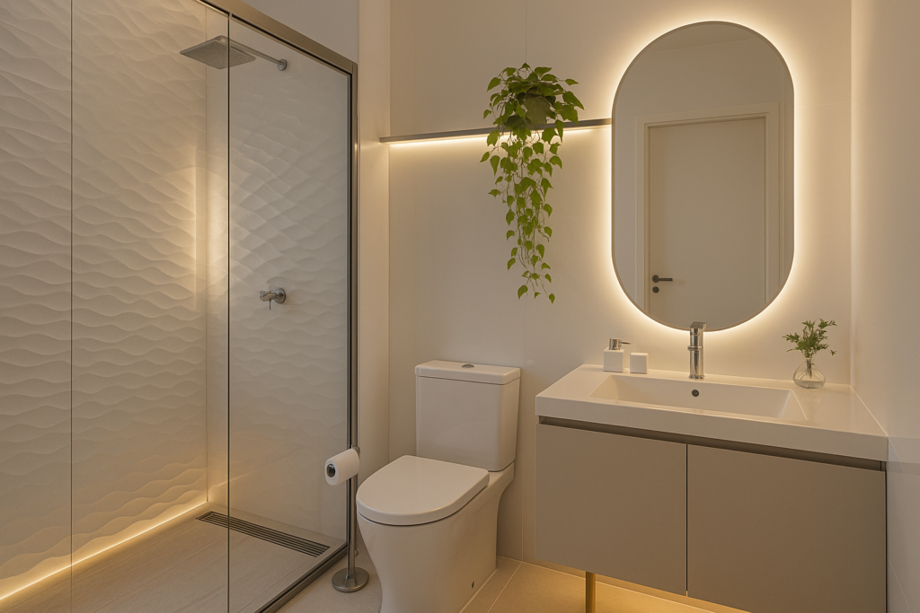 Banheiro moderno com paredes em porcelanato branco liso polido, box com revestimento 3D ondulado, espelho oval com LED e bancada suspensa; metais cromados e iluminação quente.