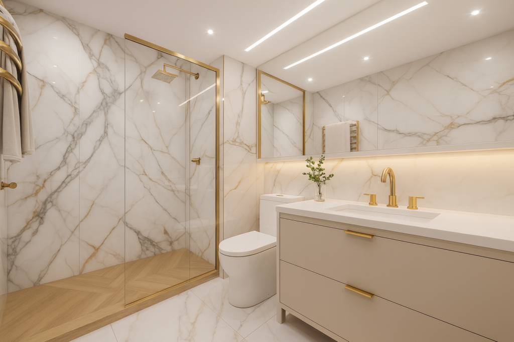 Porcelanato Marmorizado com dourado: 10 ideias elegantes para transformar seu projeto 6 Banheiro contemporâneo com paredes e piso em porcelanato marmorizado com dourado, box com perfis dourados, bancada bege com cuba esculpida, torneira dourada, espelho amplo com iluminação embutida e detalhe de nicho iluminado.
