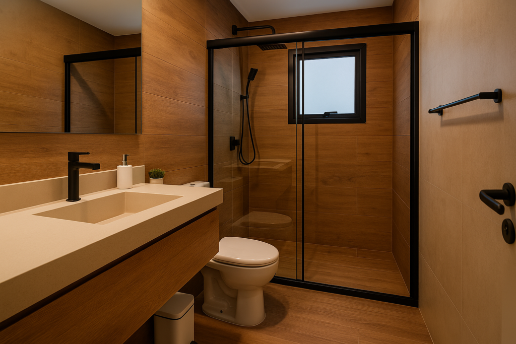 Banheiro com revestimento somente no box: 5 ideias cheias de estilo 5 Banheiro contemporâneo com revestimento amadeirado nas paredes e piso, box de vidro preto, metais pretos foscos e bancada bege minimalista.