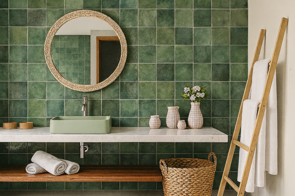 Marrakesh Decortiles: Descubra o revestimento que é tendência na decoração 6 Banheiro moderno com revestimento Decortiles Marrakesh Green 15x15, bancada branca, cuba verde e móveis de madeira natural