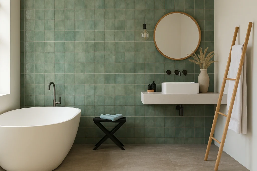 Marrakesh Decortiles: Descubra o revestimento que é tendência na decoração 3 Banheiro moderno e iluminado com revestimento Marrakesh Green Decortiles 15x15 brilhante, banheira de imersão branca e detalhes minimalistas.