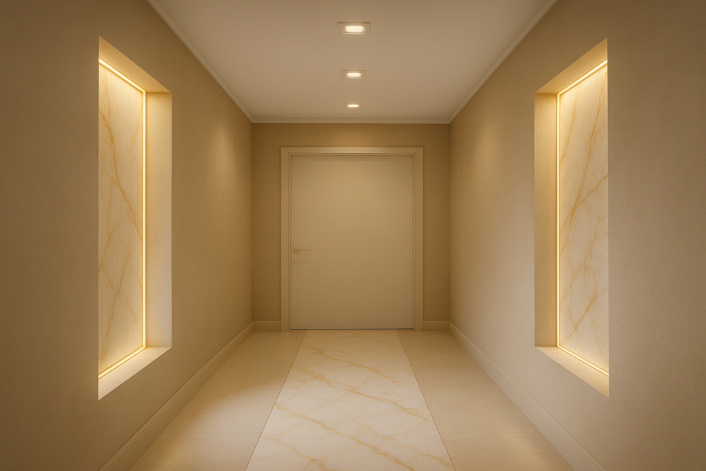 Porcelanato Marmorizado com dourado: 10 ideias elegantes para transformar seu projeto 5 Corredor elegante com faixa de piso e nichos marmorizados com dourado iluminados com brilho sutil e sofisticação no caminho.