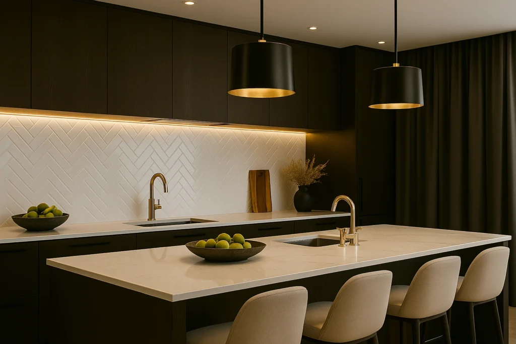 Color Mind Light BR 7x25: Elegância em Cada detalhe da sua Parede 4 Cozinha gourmet integrada com revestimento tijolinho branco brilhante 7x25 Decortiles, marcenaria escura e iluminação LED quente sob os armários.