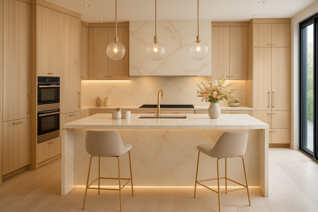 Porcelanato Marmorizado com dourado: 10 ideias elegantes para transformar seu projeto 3 Cozinha moderna iluminada por luz natural com ilha revestida em porcelanato marmorizado branco de veios dourados suaves, bancada em cascata, metais dourado escovado, armários em madeira clara e pendentes de vidro.