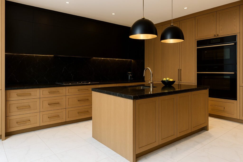 Porcelanato Branco na cozinha: Elegância, Amplitude e Praticidade em cada detalhe 2 Cozinha luxuosa com porcelanato branco realista no chão e porcelanato preto nas paredes, armários em madeira clara, bancada de mármore e detalhes dourados, criando um ambiente elegante e moderno.