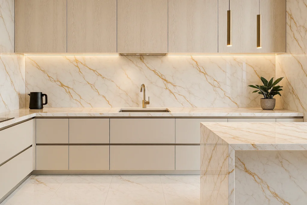Porcelanato Branco na cozinha: Elegância, Amplitude e Praticidade em cada detalhe 3 Cozinha luxuosa com revestimentos marmorizados brancos e veios dourados, piso em porcelanato branco, bancadas amplas, metais dourados e armários modernos, criando um ambiente elegante e contemporâneo.