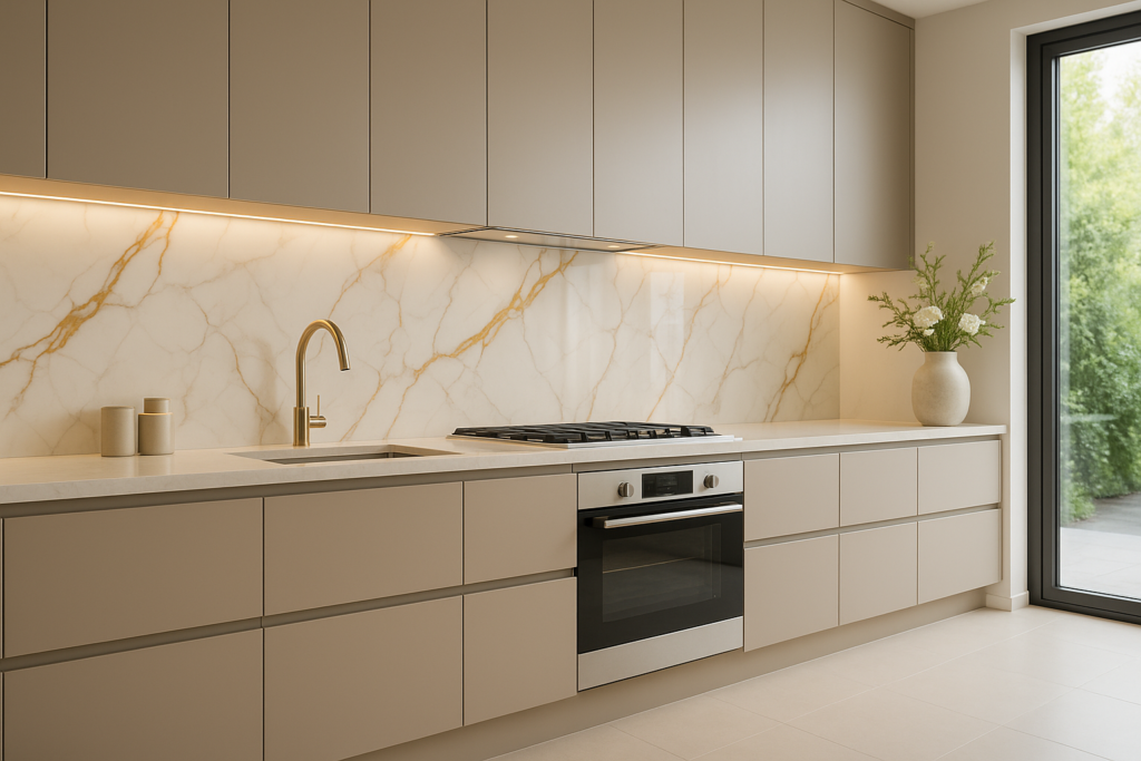 Porcelanato Marmorizado com dourado: 10 ideias elegantes para transformar seu projeto 4 Cozinha contemporânea com backsplash em porcelanato marmorizado com dourados refletindo a luz natural; armários sem puxadores, bancada clara, fita de LED sob os aéreos, torneira dourado escovado e piso acetinado.