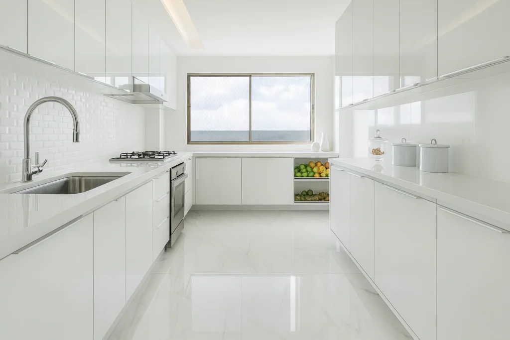 Porcelanato Branco na cozinha: Elegância, Amplitude e Praticidade em cada detalhe 4 Porcelanato branco na cozinha com armários brancos brilhantes, metais cromados e bancada de mármore claro. O ambiente é elegante e iluminado, com piso polido refletindo a luz natural.