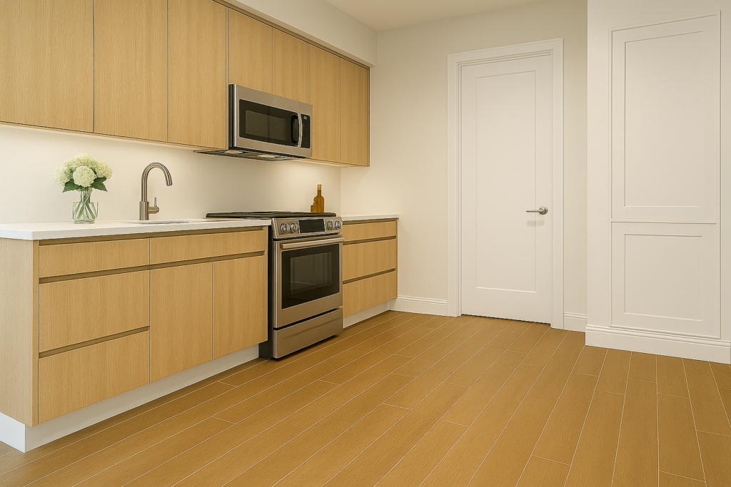 Porcelanato Amadeirado com Rodapé Branco: descubra se vale a pena apostar nessa combinação! 3 Cozinha moderna e clean com piso de porcelanato amadeirado realista, rodapé branco, armários em madeira clara e bancada branca, criando um ambiente elegante e sofisticado.