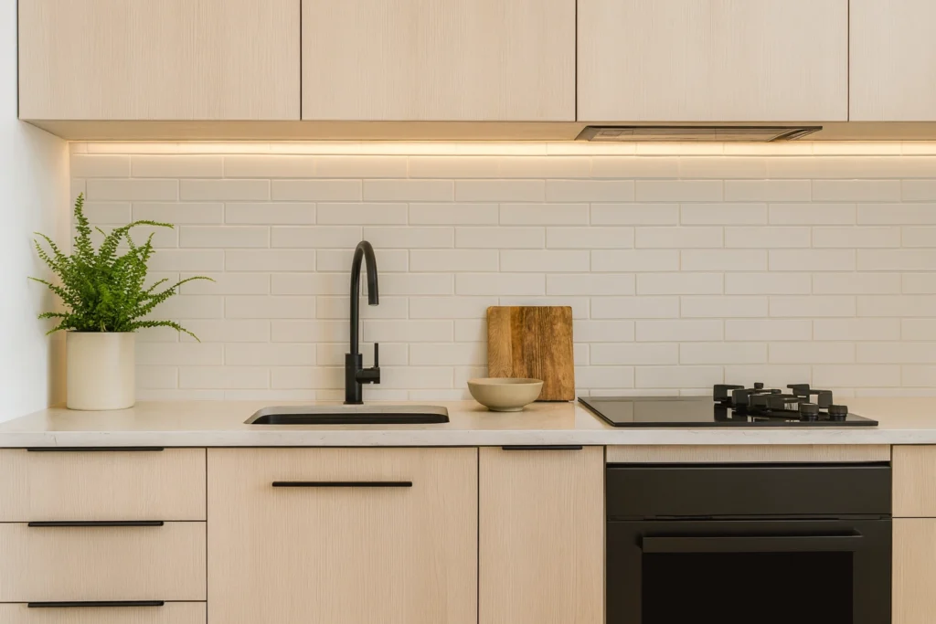 Color Mind Light BR 7x25: Elegância em Cada detalhe da sua Parede 2 Cozinha contemporânea com revestimento tijolinho branco acetinado 7x25 Decortiles Color Mind Light Bold “A”, armários em madeira clara, bancada em quartzo branco e metais pretos.