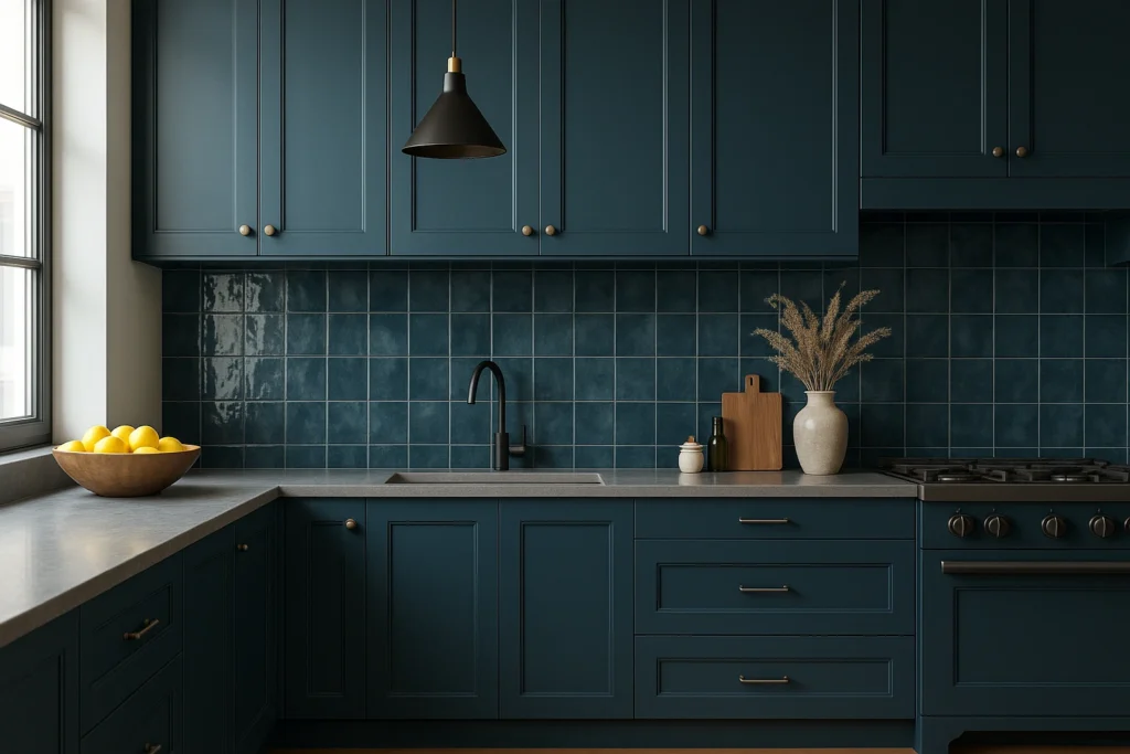 Marrakesh Decortiles: Descubra o revestimento que é tendência na decoração 2 Cozinha moderna com revestimento Blue Marrakesh Decortiles no backsplash, armários azuis elegantes, bancada cinza e detalhes minimalistas.