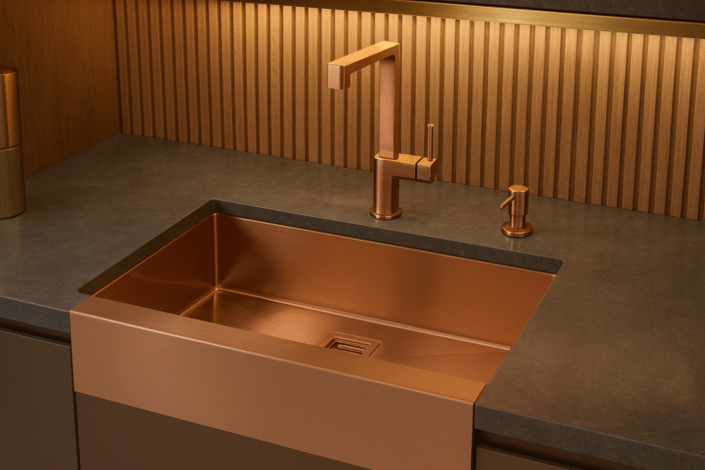Cuba Debacco: Guia completo de modelos, Medidas e Como escolher a sua 12 Bancada em pedra cinza média com cuba Debacco Primaccore rose gold tipo apron, dosador e válvula rose, luminárias de latão e painel ripado de madeira.