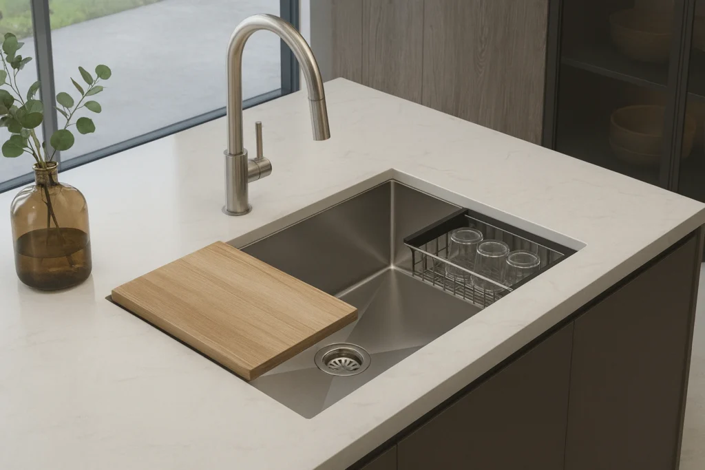 Cuba Debacco: Guia completo de modelos, Medidas e Como escolher a sua 11 Bancada em quartzo branco com cuba Debacco Quadratino 600 em inox, escorredor interno com louças, tábua de madeira clara apoiada e misturador em inox escovado.