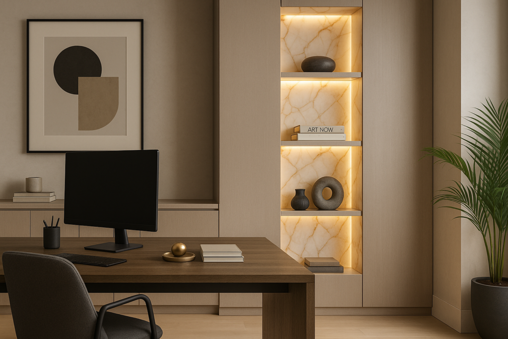 Porcelanato Marmorizado com dourado: 10 ideias elegantes para transformar seu projeto 8 Escritório contemporâneo com nicho vertical revestido em porcelanato marmorizado com dourados, iluminação LED quente e prateleiras com livros e objetos; mesa em madeira escura, cadeira executiva, monitor, arte minimalista na parede e planta em vaso.