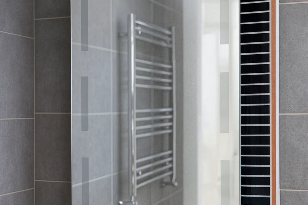 Espelho de banheiro moderno com desembaçador ativo, mostrando grelha aquecida atrás do vidro e paredes em porcelanato cinza.