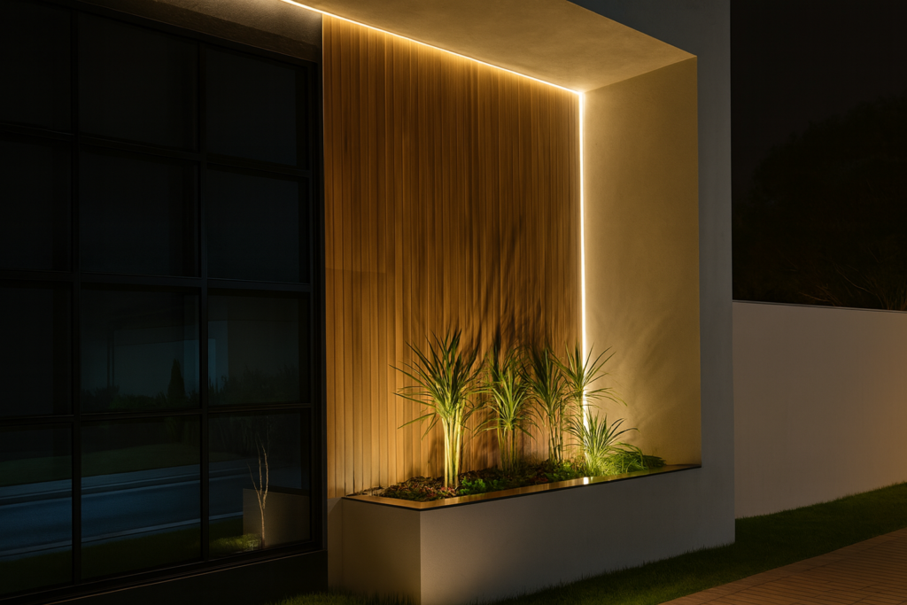 Fachada com porcelanato amadeirado: 6 ideias para renovar o visual da casa 5 Fachada com porcelanato amadeirado e iluminação em LED embutida, destacando o painel vertical e o jardim na base, em estilo moderno e sofisticado.