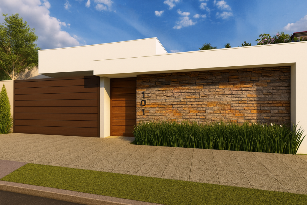 Fachada com porcelanato amadeirado: 6 ideias para renovar o visual da casa 4 Fachada moderna com portão em porcelanato amadeirado e muro em pedras naturais, molduras brancas e paisagismo verde, em estilo sofisticado e realista.