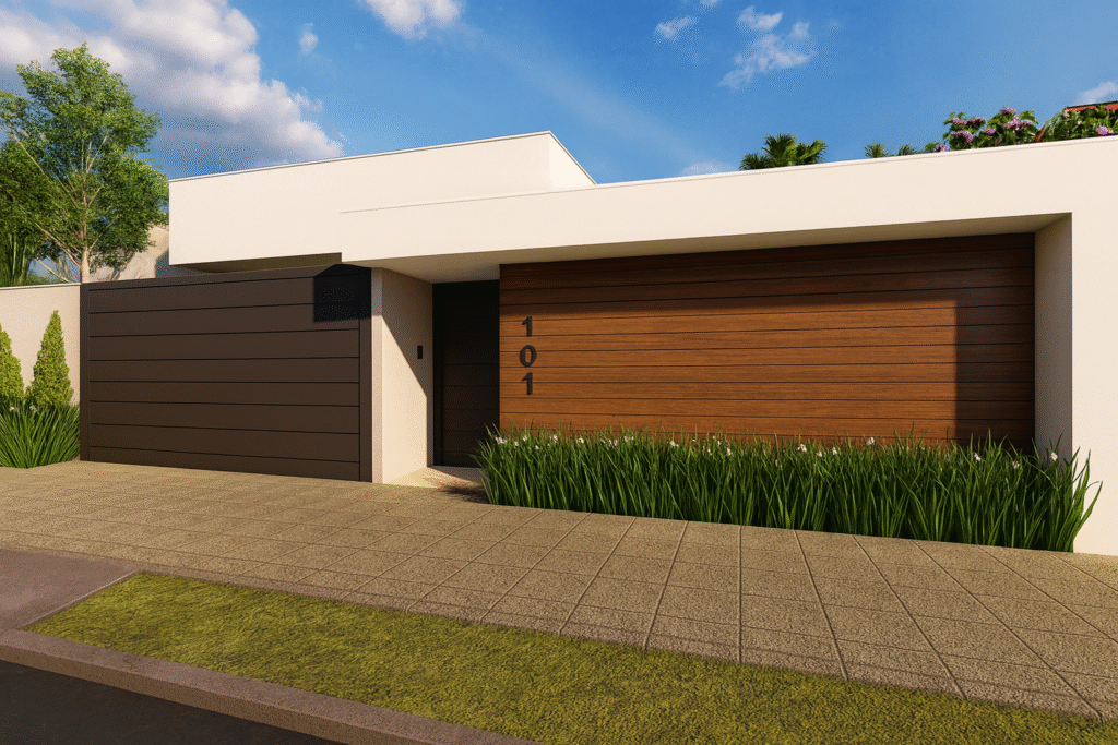 Fachada com porcelanato amadeirado: 6 ideias para renovar o visual da casa 2 Fachada moderna de casa térrea com porcelanato amadeirado no muro, portão metálico escuro e molduras brancas, criando um visual sofisticado e contemporâneo.