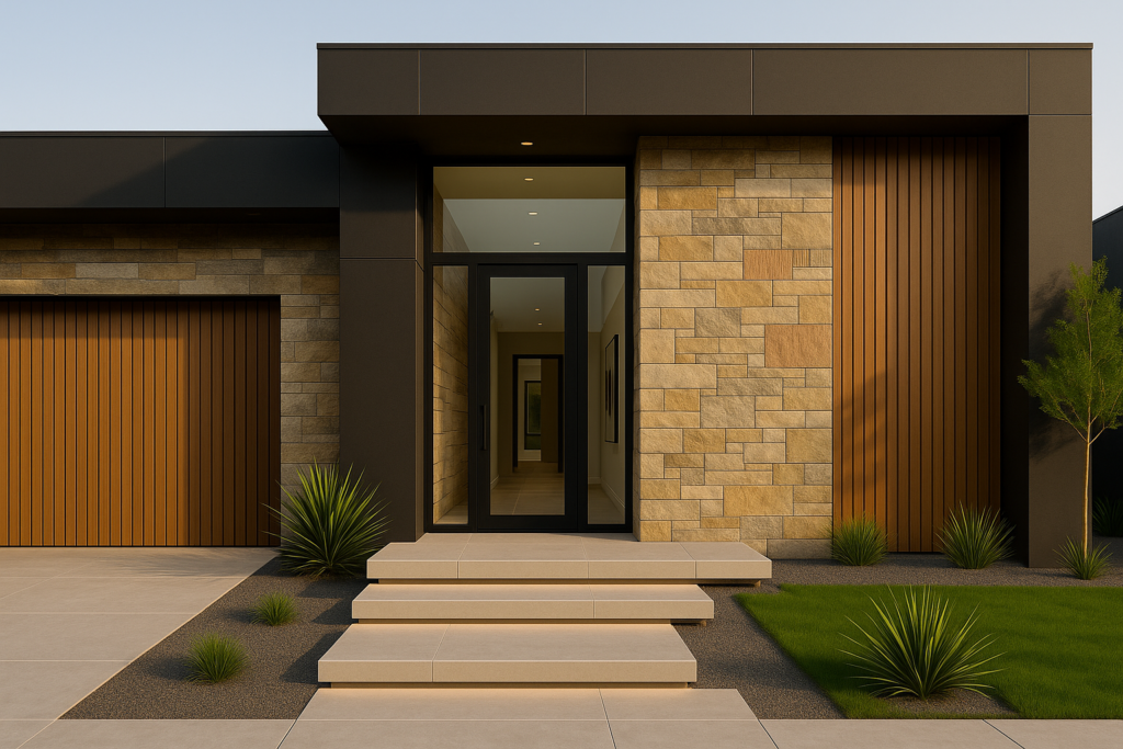 Fachada de casa moderna térrea com painéis pretos, porcelanato que imita pedra natural ao centro, ripado em porcelanato amadeirado, porta de vidro, degraus em porcelanato claro e jardim minimalista com plantas desérticas.