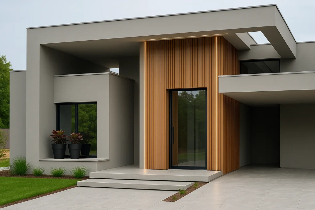 Casa térrea contemporânea com platibanda; painel ripado amadeirado com perfis de LED embutidos verticais; porta de vidro com puxador preto; paredes em tom cinza; piso externo em grandes placas de porcelanato claro; jardim com grama e vasos; foto em luz natural.