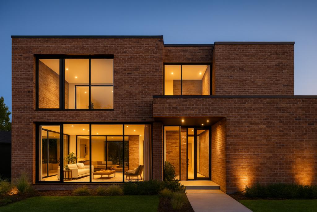 Casa contemporânea de dois pavimentos com platibanda, grandes panos de vidro e esquadrias pretas; fachada revestida com Revestimento Tijolinho 7x26 Portobello All Bricks Georgian Blend “A” em tons terrosos, iluminada ao entardecer, com paisagismo baixo.