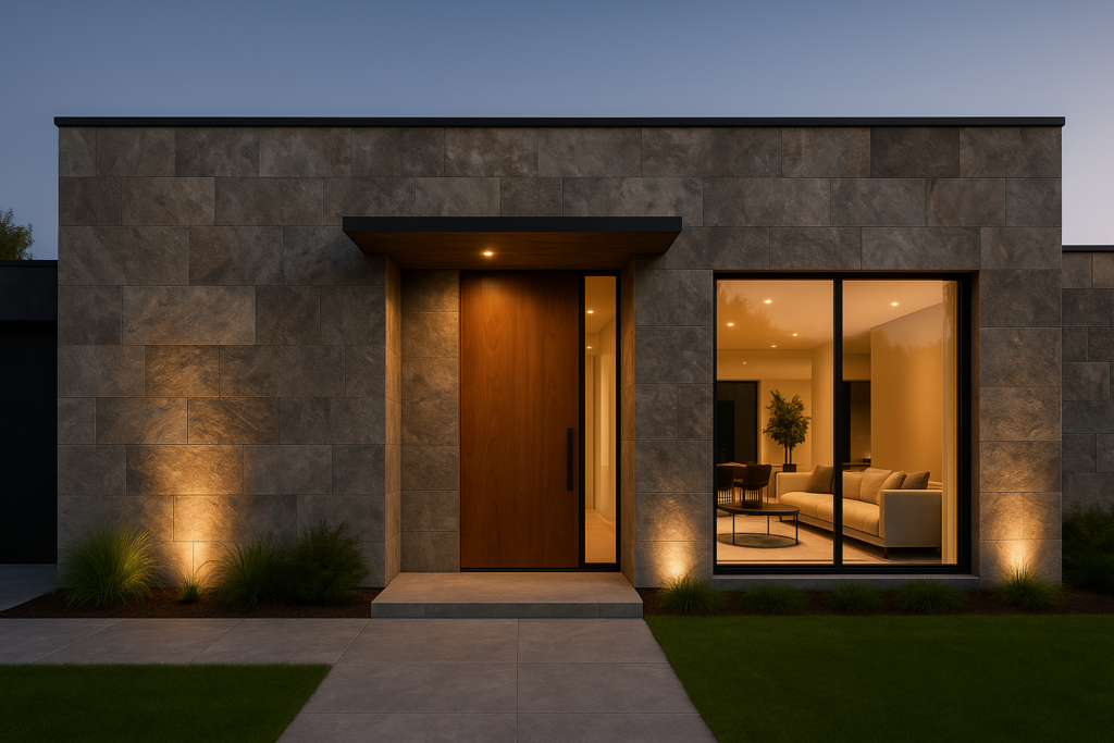 Casa térrea moderna com platibanda; fachada revestida por grandes placas de porcelanato que imita pedra em tons acinzentados; porta de lâmina natural com puxador escovado; janela piso-teto exibindo sala iluminada; jardim em grama com paisagismo baixo ao entardecer.