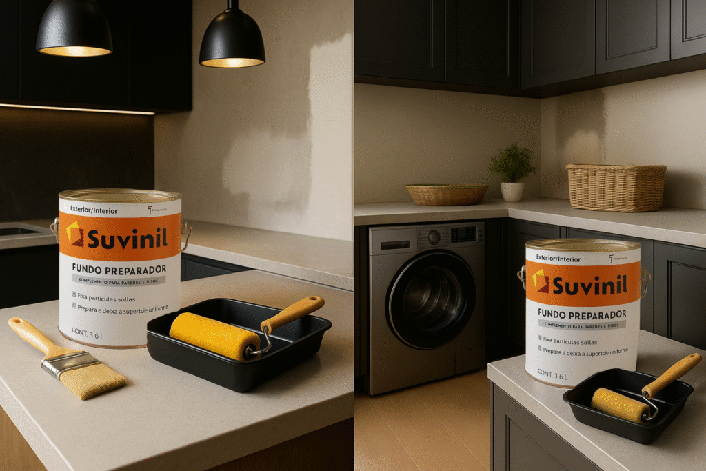 Imagem 2 em 1 mostrando cozinha moderna e lavanderia contemporânea com latas do Fundo Preparador Suvinil sobre a bancada, rolo em bandeja ao lado e trechos das paredes já preparados para receber a pintura.