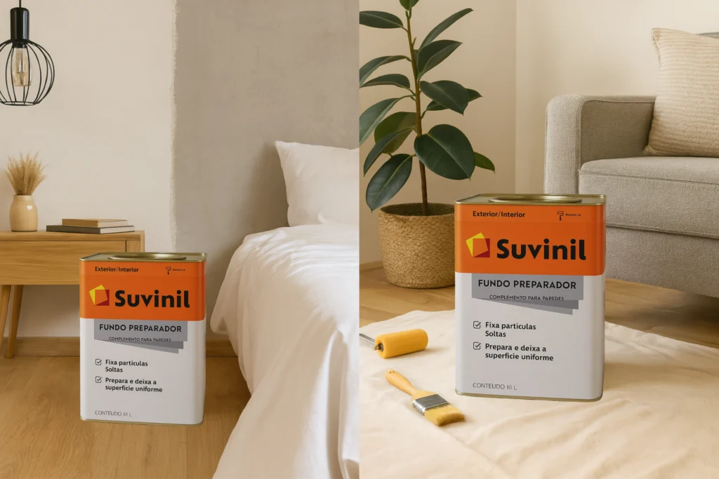 Composição 2 em 1 de quarto e sala mostrando latas do Fundo Preparador Suvinil no chão com rolo e pincel; paredes parcialmente cobertas pelo produto para uniformizar a superfície antes da pintura.