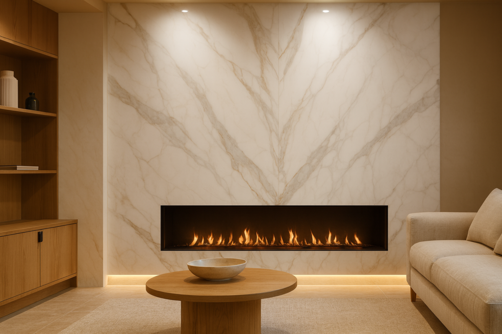 Porcelanato Marmorizado com dourado: 10 ideias elegantes para transformar seu projeto 2 Sala de estar com lareira linear e parede em porcelanato marmorizado com veios dourados branco com veios dourados em bookmatch, iluminação quente embutida e mobiliário em madeira clara, criando ambiente sofisticado e acolhedor.