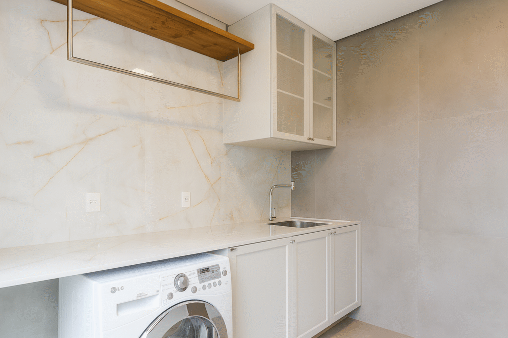 Porcelanato Marmorizado com dourado: 10 ideias elegantes para transformar seu projeto 10 Lavanderia moderna e clara com bancada branca contínua, parede em porcelanato marmorizado com veios dourados, armários brancos com nicho de madeira, cuba inox com misturador cromado e máquina de lavar frontal sob a bancada; iluminação natural suave.